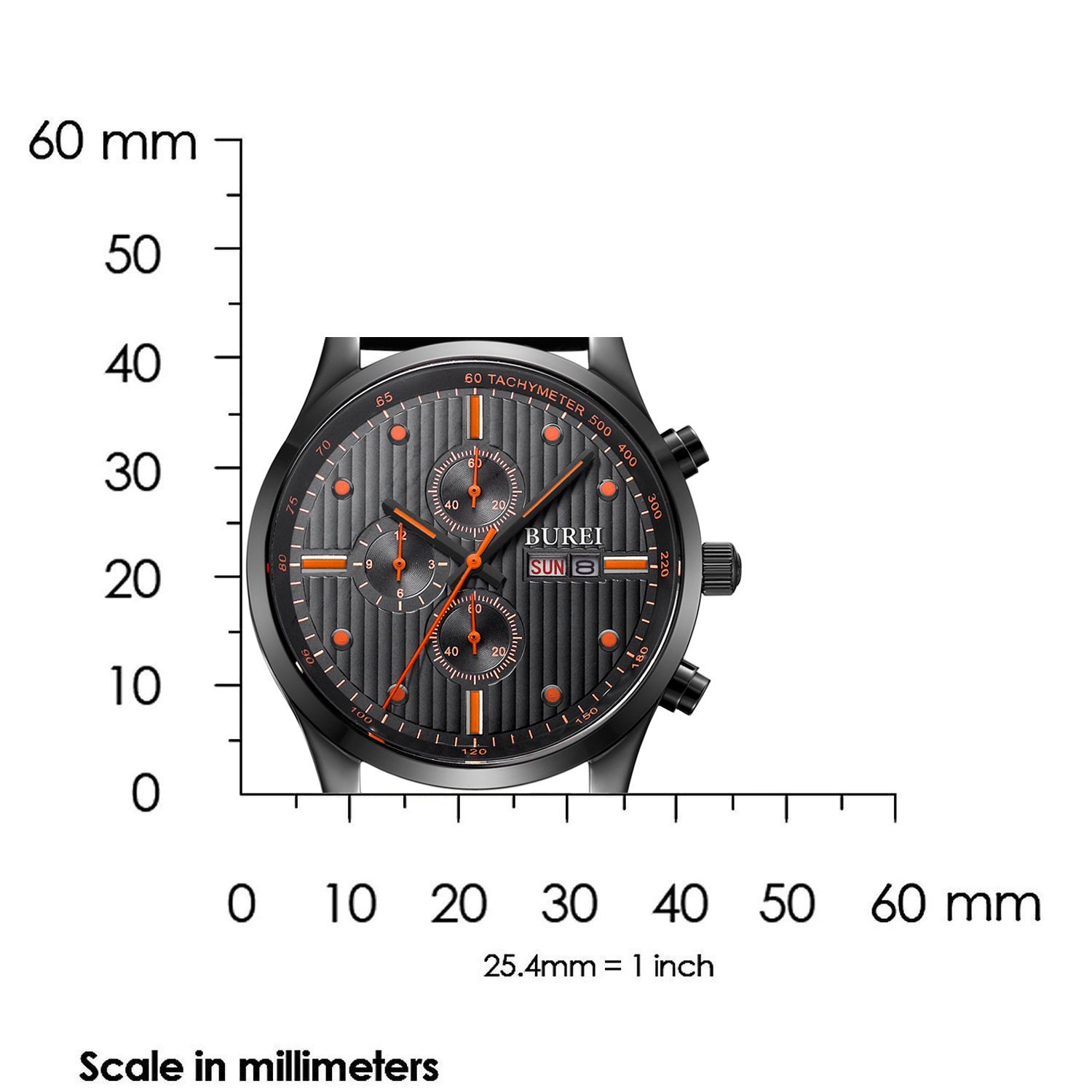 BUREI Men's 7001-01EO Stainless Steel Chronograph Day Date Quartz Watch with Black Leather, Black Dial dimensions in mm