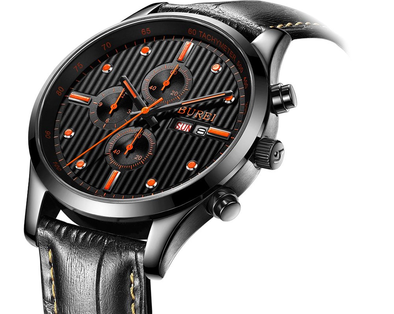 BUREI Men's 7001-01EO Stainless Steel Chronograph Day Date Quartz Watch with Black Leather, Black Dial